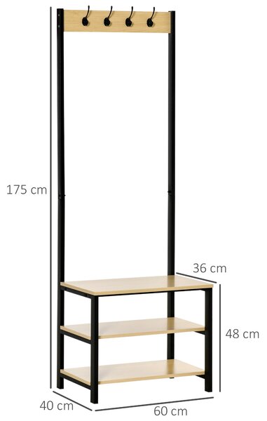 HOMCOM Zábradlí na kabáty s lavicí a kovovým regálem na boty se 3 policemi a 4 háčky na oblečení do předsíně 60x40x175 cm Černá a přírodní | Aosom