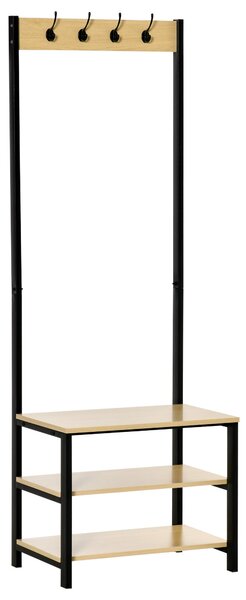 HOMCOM Zábradlí na kabáty s lavicí a kovovým regálem na boty se 3 policemi a 4 háčky na oblečení do předsíně 60x40x175 cm Černá a přírodní | Aosom