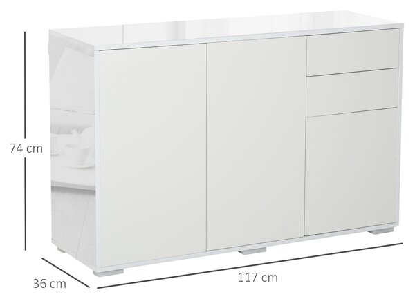 HOMCOM Obývací pokoj komoda se 3 dveřmi, 2 šuplíky a nastavitelnou vnitřní policí, úložný kabinet do kuchyně a ložnice, protiskluzová, 117x36x74 cm, v
