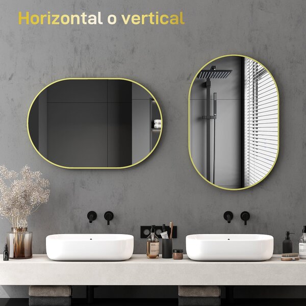 HOMCOM Oválné zrcadlo do koupelny 60x90 cm se zlatým hliníkovým rámem - Dekorativní nástěnné zrcadlo pro obývací pokoj, předsíň a chodbu | Aosom