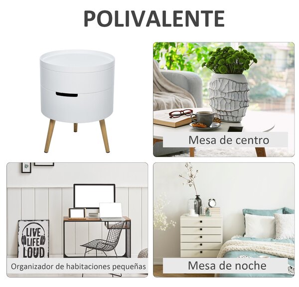 HOMCOM Moderní noční stolek s odnímatelným vrškem a 2 úložnými prostory, dřevěné nohy, do ložnice nebo jako stolek do rohu pohovky Ø38x48,3 cm | Aosom