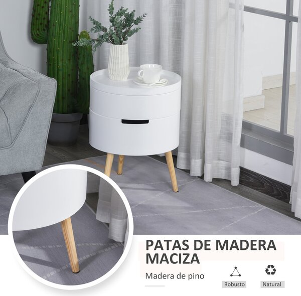 HOMCOM Moderní noční stolek s odnímatelným vrškem a 2 úložnými prostory, dřevěné nohy, do ložnice nebo jako stolek do rohu pohovky Ø38x48,3 cm | Aosom