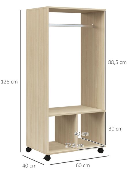 HOMCOM Skříň s kolečky - Otevřený design, organizér s šatní tyčí a policemi pro oblečení do ložnice 60x40x128 cm - Přírodní dřevo | Aosom