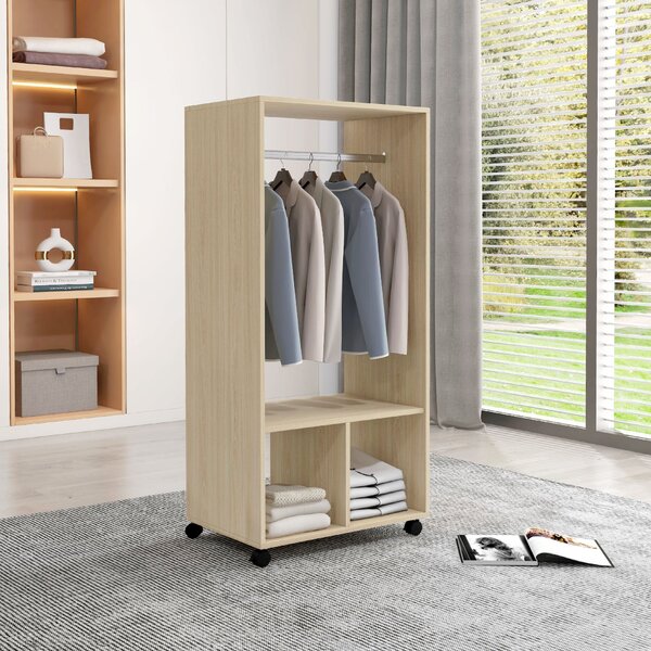 HOMCOM Skříň s kolečky - Otevřený design, organizér s šatní tyčí a policemi pro oblečení do ložnice 60x40x128 cm - Přírodní dřevo | Aosom