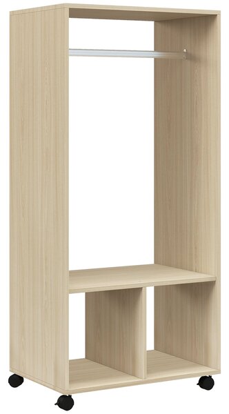 HOMCOM Skříň s kolečky - Otevřený design, organizér s šatní tyčí a policemi pro oblečení do ložnice 60x40x128 cm - Přírodní dřevo | Aosom