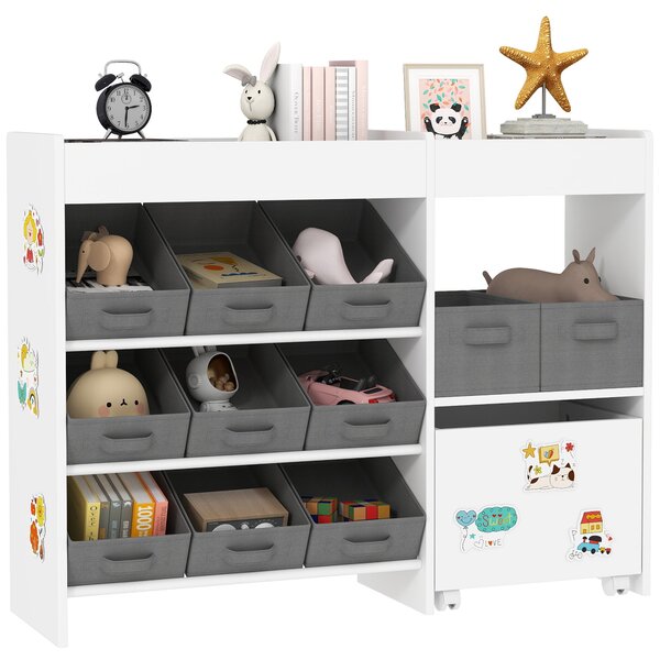 AIYAPLAY Úložný regál na hračky pro děti s 11 odnímatelnými koši a samolepkami pro hernu 105x30x80 cm Bílý | Aosom