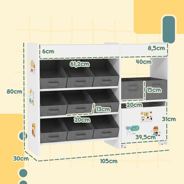 AIYAPLAY Úložný regál na hračky pro děti s 11 odnímatelnými koši a samolepkami pro hernu 105x30x80 cm Bílý | Aosom