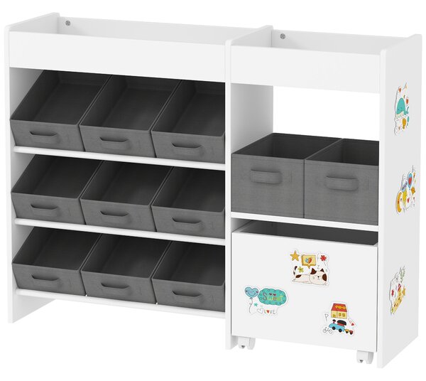 AIYAPLAY Úložný regál na hračky pro děti s 11 odnímatelnými koši a samolepkami pro hernu 105x30x80 cm Bílý | Aosom