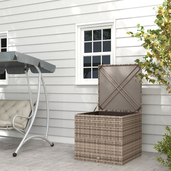 Outsunny Syntetický Ratanový Zahradní Úložný Box 75x75x70 cm s Hydraulickým Pístem a Ocelovým Rámem, Nosnost 50 kg, Khaki | Aosom