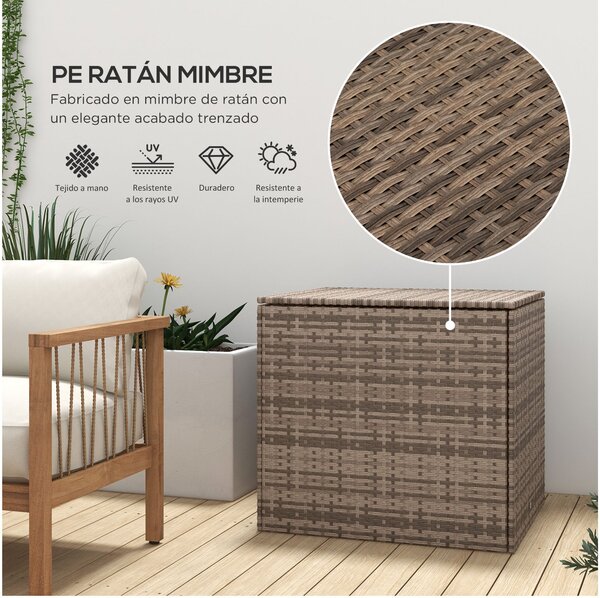 Outsunny Syntetický Ratanový Zahradní Úložný Box 75x75x70 cm s Hydraulickým Pístem a Ocelovým Rámem, Nosnost 50 kg, Khaki | Aosom