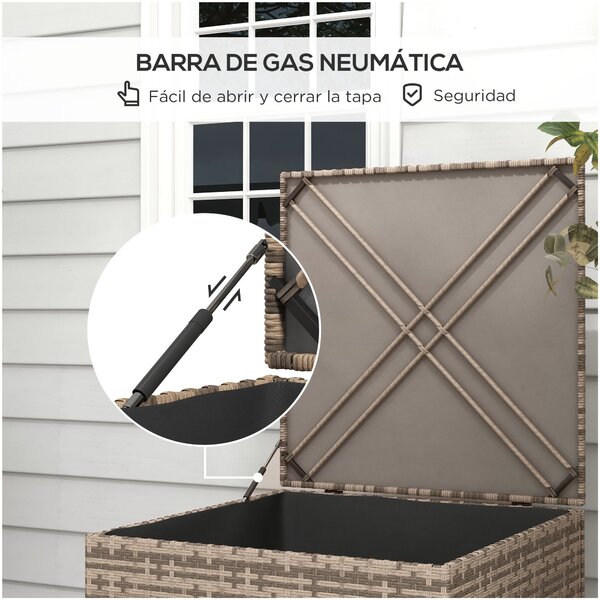 Outsunny Syntetický Ratanový Zahradní Úložný Box 75x75x70 cm s Hydraulickým Pístem a Ocelovým Rámem, Nosnost 50 kg, Khaki | Aosom