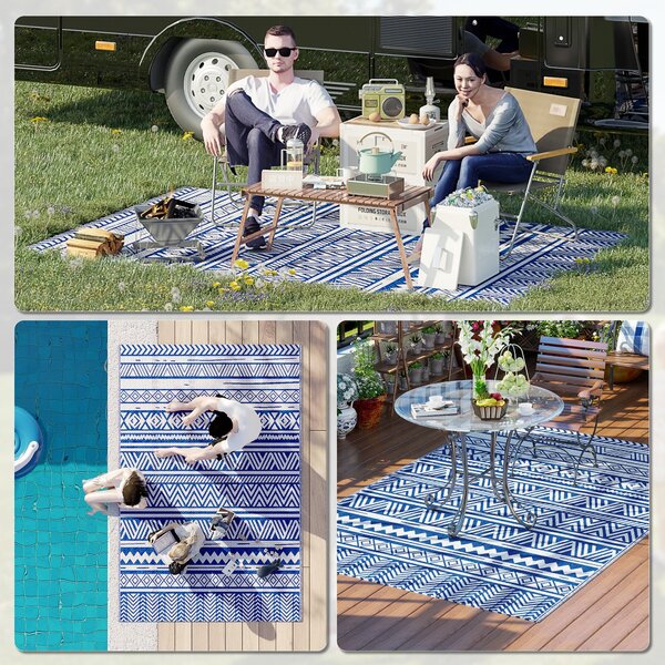 Outsunny Venkovní Koberec 182x274 cm Reversible Koberec s Geometrickým Vzorem Voděodolný pro Terasu Balkon Patio Kempování Pláž Tmavě modrá a bílá | A