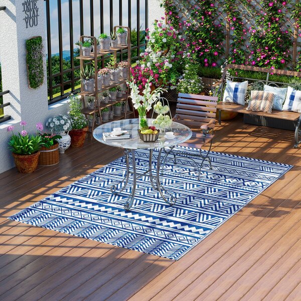 Outsunny Venkovní Koberec 182x274 cm Reversible Koberec s Geometrickým Vzorem Voděodolný pro Terasu Balkon Patio Kempování Pláž Tmavě modrá a bílá | A