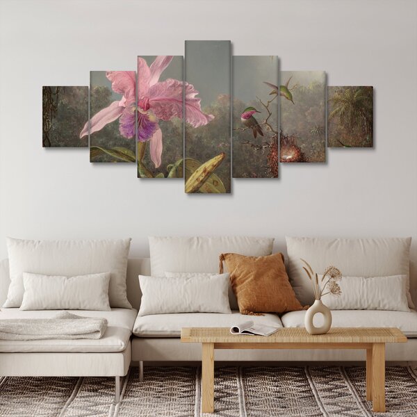 Obraz - Martin Johnson Heade, Cattleya Orchid and Three Hummingbirds, reprodukce (210x100 cm)