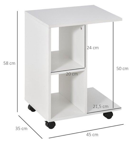 HOMCOM Moderní Malý Boční Stolek C-Tvaru s Kolečky a Otevřenými Policemi pro Obývací Pokoj a Ložnici 45x35x58 cm Bílý | Aosom