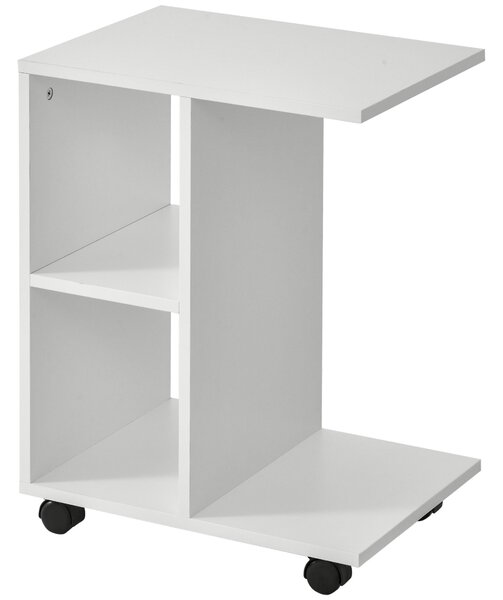 HOMCOM Moderní Malý Boční Stolek C-Tvaru s Kolečky a Otevřenými Policemi pro Obývací Pokoj a Ložnici 45x35x58 cm Bílý | Aosom