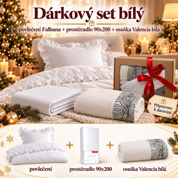 Jahu Dárkový set bílý: povlečení Falbana, prostěradlo 90x200 a osuška Valencia