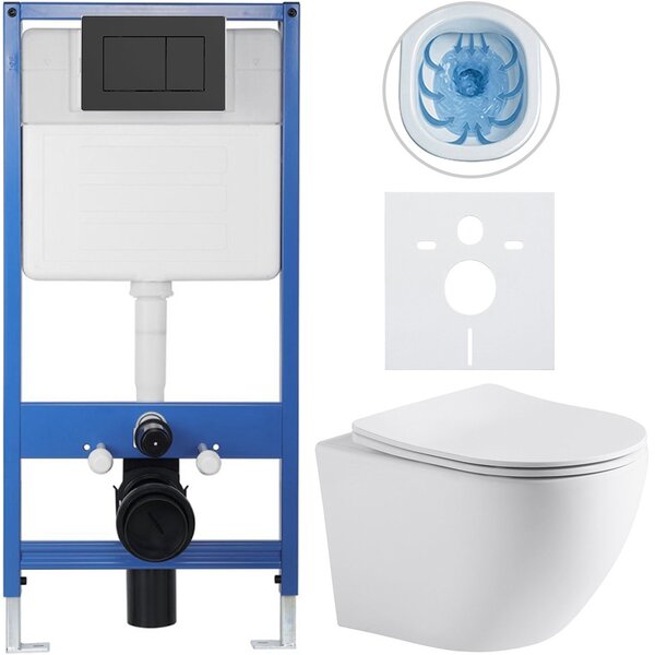 Kompletní podomítkový WC set Lite/Verde - bílá matná - WC tlačítko Classic, černé matné - předstěnová instalace/sádrokarton - 49x36 cm