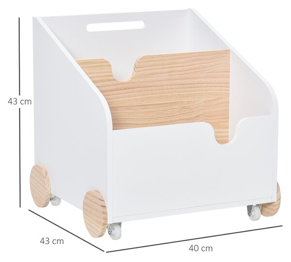 HOMCOM Dřevěný Úložný Box na Hračky se 2 Oddíly, S Kolíčky, Dětská Knihovna s Kolíčky pro Dětský Pokoj 40x43x43 cm Bílá a Přírodní | Aosom