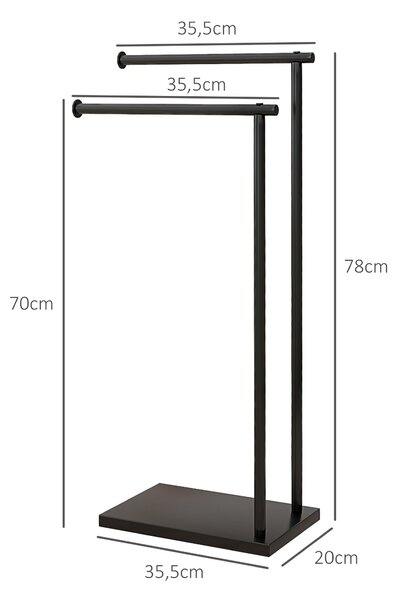 HOMCOM Dvouvrstvá volně stojící věšák na ručníky s 2 tyčemi a kovovým rámem v moderním L tvaru 35,5x20x78 cm Černá | Aosom