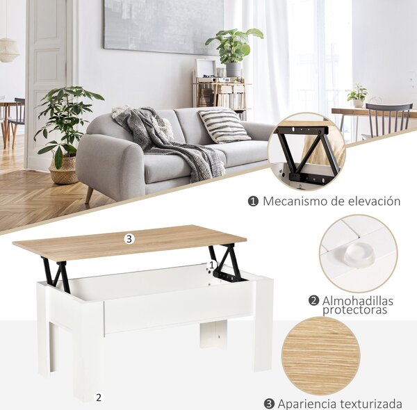 HomCom Zvedací Konferenční Stolek s Skrytým Úložným Prostorem 100x50x45-58.5 cm Bílý a Přírodní | Aosom