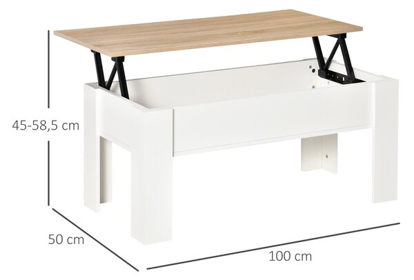 HomCom Zvedací Konferenční Stolek s Skrytým Úložným Prostorem 100x50x45-58.5 cm Bílý a Přírodní | Aosom