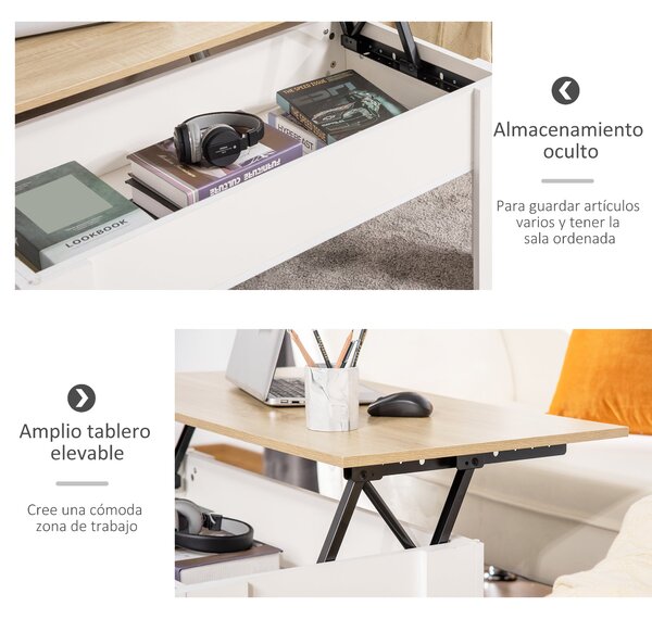 HomCom Zvedací Konferenční Stolek s Skrytým Úložným Prostorem 100x50x45-58.5 cm Bílý a Přírodní | Aosom