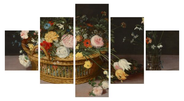 Obraz - Jan Brueghel the Elder, Flowers in a Basket and a Vase, reprodukce (125x70 cm)