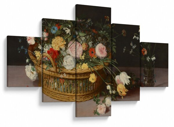 Obraz - Jan Brueghel the Elder, Flowers in a Basket and a Vase, reprodukce (125x70 cm)
