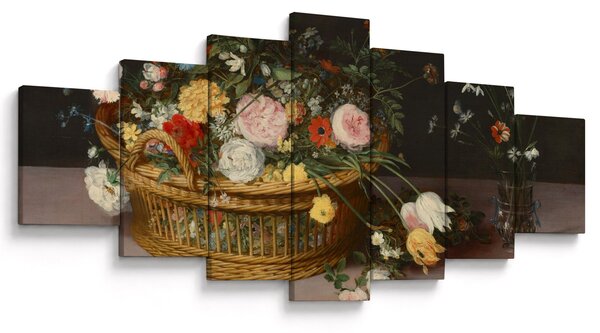 Obraz - Jan Brueghel the Elder, Flowers in a Basket and a Vase, reprodukce (210x100 cm)