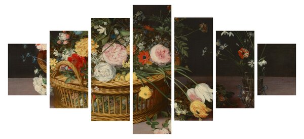 Obraz - Jan Brueghel the Elder, Flowers in a Basket and a Vase, reprodukce (210x100 cm)