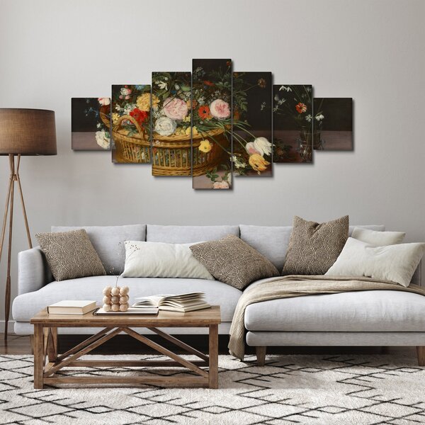 Obraz - Jan Brueghel the Elder, Flowers in a Basket and a Vase, reprodukce (210x100 cm)