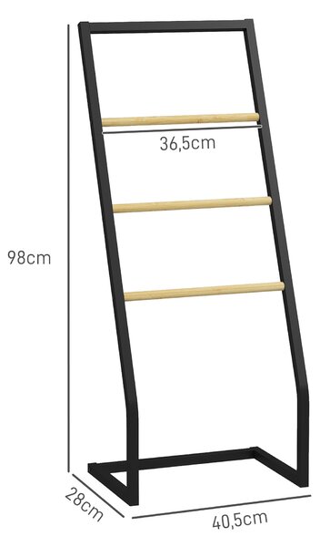 HOMCOM volně stojící věšák na ručníky do koupelny se 4 bambusovými a ocelovými tyčemi na prádlo 40,5x28x98 cm Černá a přírodní | Aosom