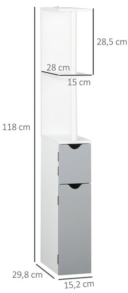 Kleankin skříňka do koupelny se sloupem s dveřmi a otevřenými policemi, moderní styl 15,2x29,8x118 cm Bílá a šedá | Aosom