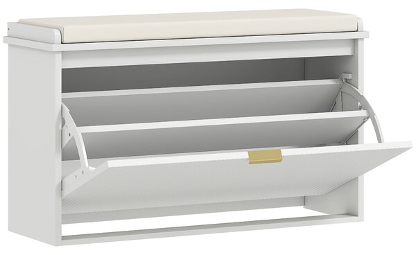 HOMCOM Botníková lavice Úzký botník do předsíně s polstrovaným sedákem, vyklápěcím šuplíkem a pruhovaným panelem pro 8 párů bot do předsíně nebo ložni