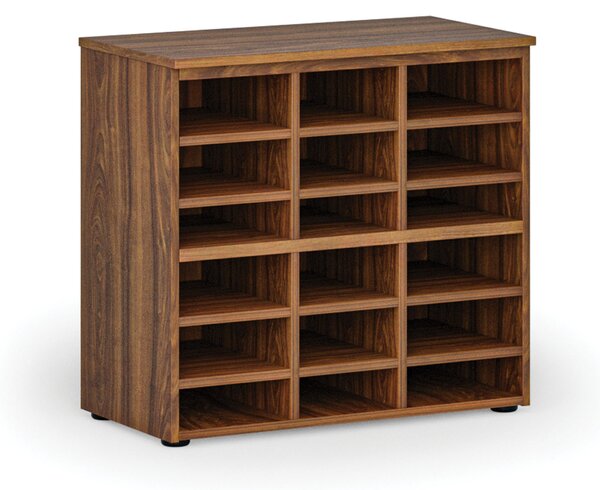 Třídicí regál PRIMO WOOD, 800 x 420 x 740 mm, 18 přihrádek, ořech