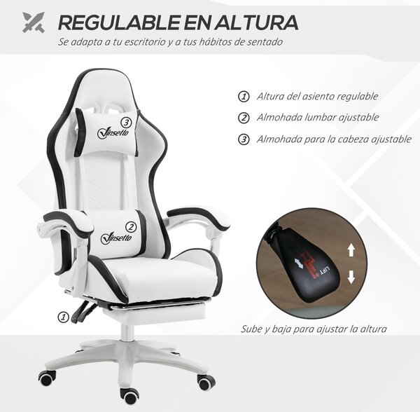 Vinsetto Herní Židle Racing Gamer Židle z PU Kůže s Nastavitelnou Výškou, Sklopením 135°, Opěrkou Hlavy, Bederní Opěrkou a Výsuvnou Opěrkou na Nohy pr