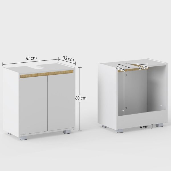 Kleankin Podložkový Koupelnový Skříňka pod Umývadlo s 2 Dveřmi a Úložným Prostorem proti převrácení 57x33x60 cm Bílá | Aosom