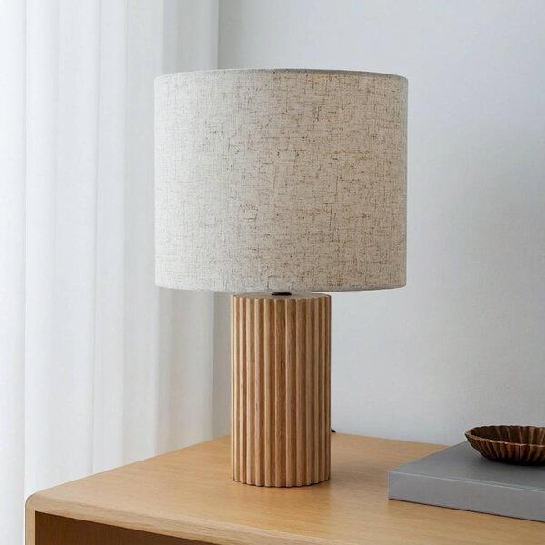 Lindby stolní lampa Kimiko, výška 38 cm, dřevo, textil, Světlé dřevo, Obývací pokoj / jídelna, Dřevo, Skandinávský