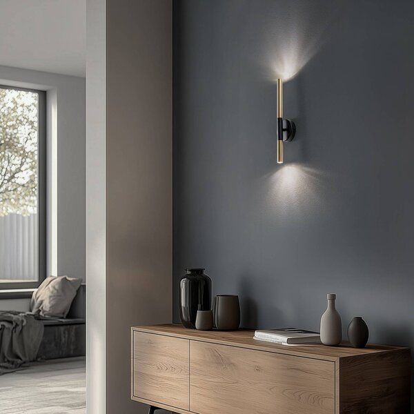 SIGMA Nástěnné světlo Sopel Lux, 2 žárovky, černé/zlaté, výška 38 cm, stmívatelný, Mosaz / zlato, Obývací pokoj / jídelna, kov, Moderní