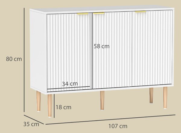HOMCOM Skříňka se drážkovanými dveřmi, 3-dvéřová, s nastavitelnou policí, TV stolek do ložnice a obývacího pokoje 107x35x80 cm Bílá | Aosom