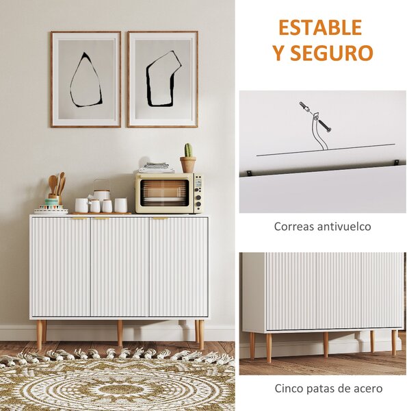 HOMCOM Skříňka se drážkovanými dveřmi, 3-dvéřová, s nastavitelnou policí, TV stolek do ložnice a obývacího pokoje 107x35x80 cm Bílá | Aosom