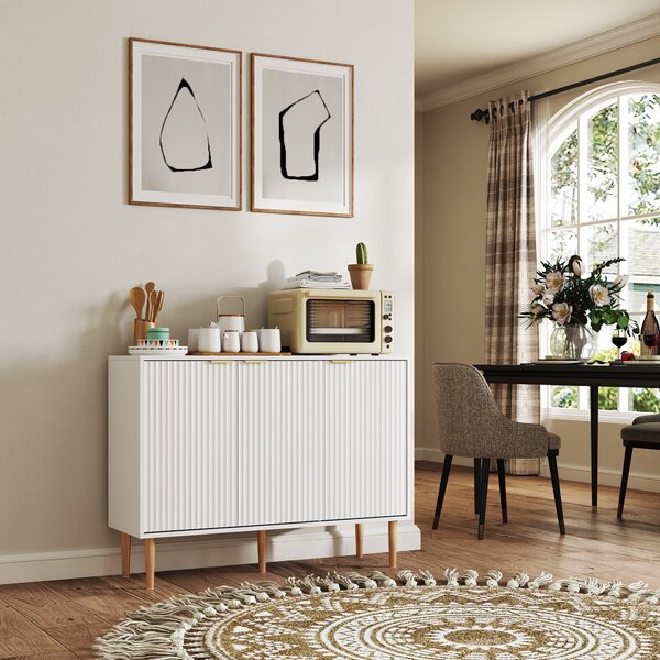 HOMCOM Skříňka se drážkovanými dveřmi, 3-dvéřová, s nastavitelnou policí, TV stolek do ložnice a obývacího pokoje 107x35x80 cm Bílá | Aosom