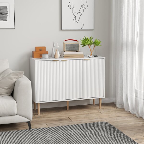 HOMCOM Skříňka se drážkovanými dveřmi, 3-dvéřová, s nastavitelnou policí, TV stolek do ložnice a obývacího pokoje 107x35x80 cm Bílá | Aosom