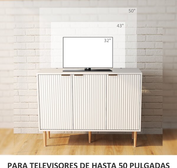 HOMCOM Skříňka se drážkovanými dveřmi, 3-dvéřová, s nastavitelnou policí, TV stolek do ložnice a obývacího pokoje 107x35x80 cm Bílá | Aosom
