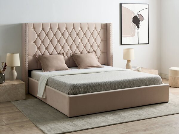 Postel s úložným prostorem LUBBON Umělý samet Krémově bílá 180 x 200 cm