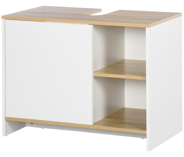 Moderní koupelnová skříňka pod umyvadlo kleankin s přihrádkami a dveřmi 77x45x60 cm Bílá a Přírodní | Aosom