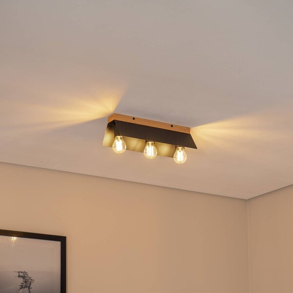 Lamkur Stropní lampa Esme, černá, délka 40 cm, kov/dřevo, 3 světla., stmívatelný, Černá, Obývací pokoj / jídelna, kov, Moderní, Stropní svítidlo