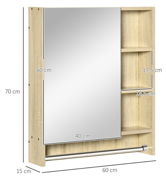 Kleankin koupelnová skříňka s zrcadlem - závěsná skříňka s 1 dveřmi, nastavitelnou policí, držákem na ručníky 60x15x70 cm Dub | Aosom