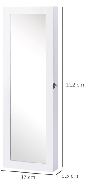 HOMCOM Nástěnný Organizador Šperkovnice s Zrcadlem a Háčky na Náušnice do Ložnice nebo Obývacího Pokoj 37x9,5x112 cm Bílá | Aosom